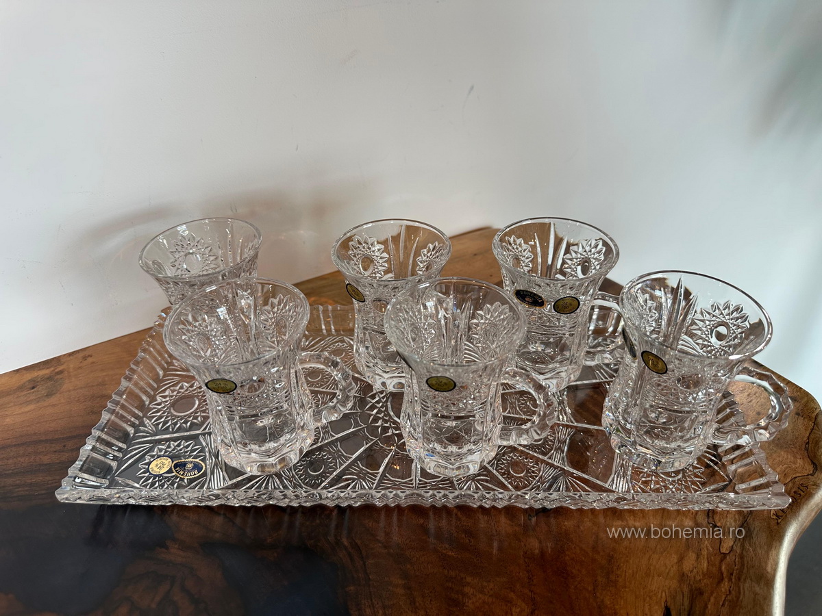 SET 6 CESTI PENTRU CAFEA SI TAVA DREPTUNGHIULARA CRISTAL BOHEMIA