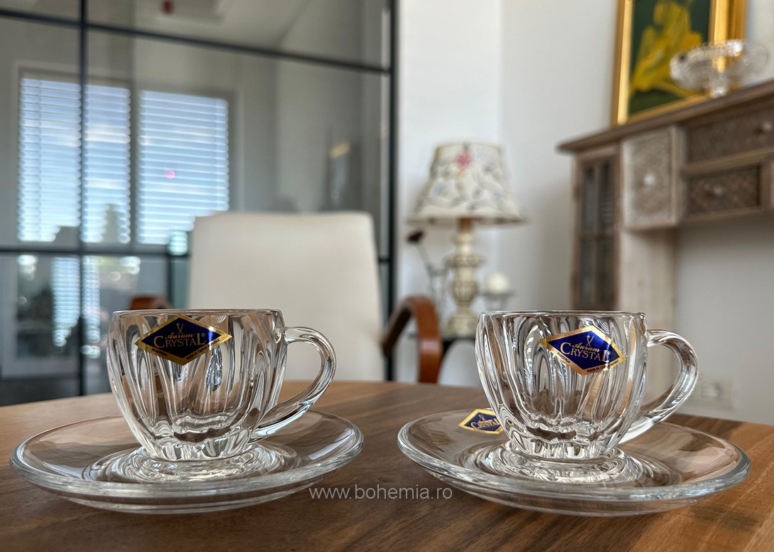 SET 2 CESTI ESPRESSO CU FARFURIUTE BOHEMIA CRISTALIN- PLANTICA