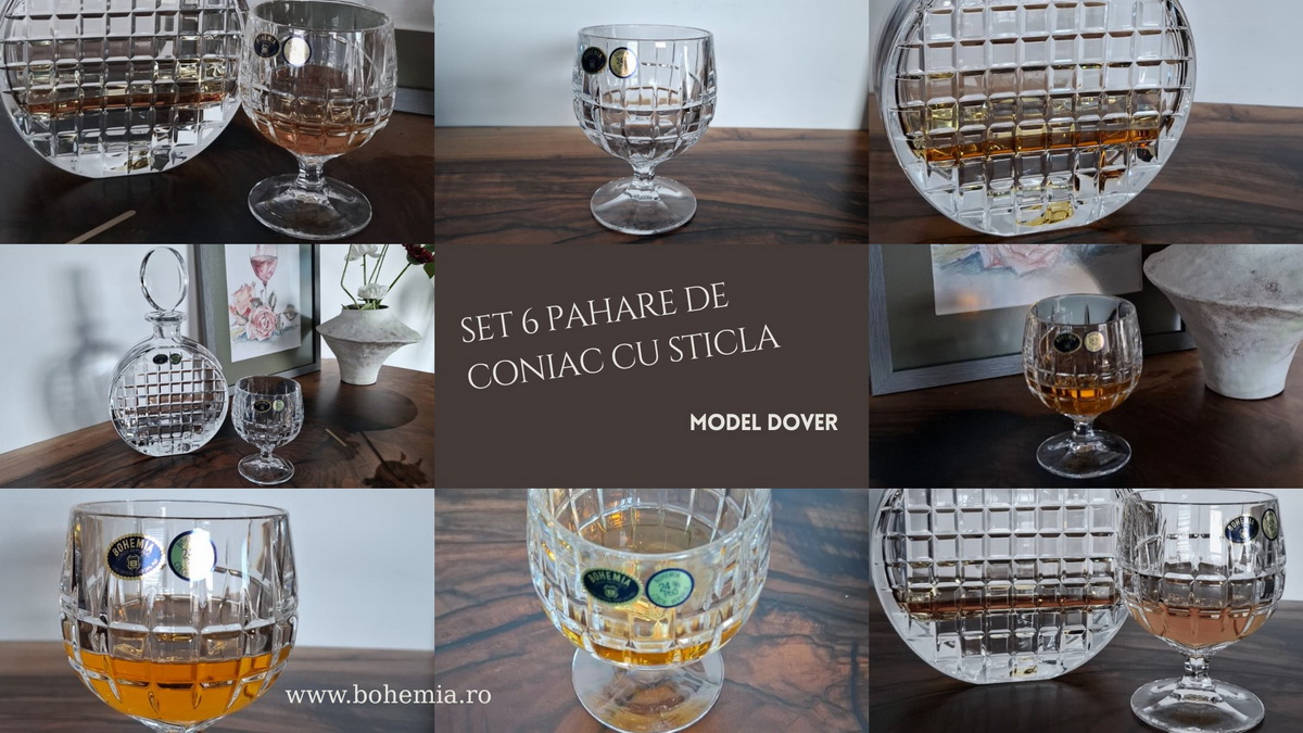 SET PAHARE DE CONIAC SI STICLA DIN CRISTAL DE BOHEMIA -DOVER