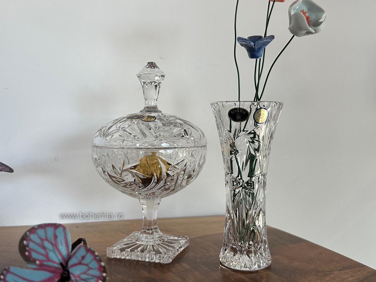 SET VAZA 15 CM SI CASETA 19 CM CRISTAL DE BOHEMIA- INGRID