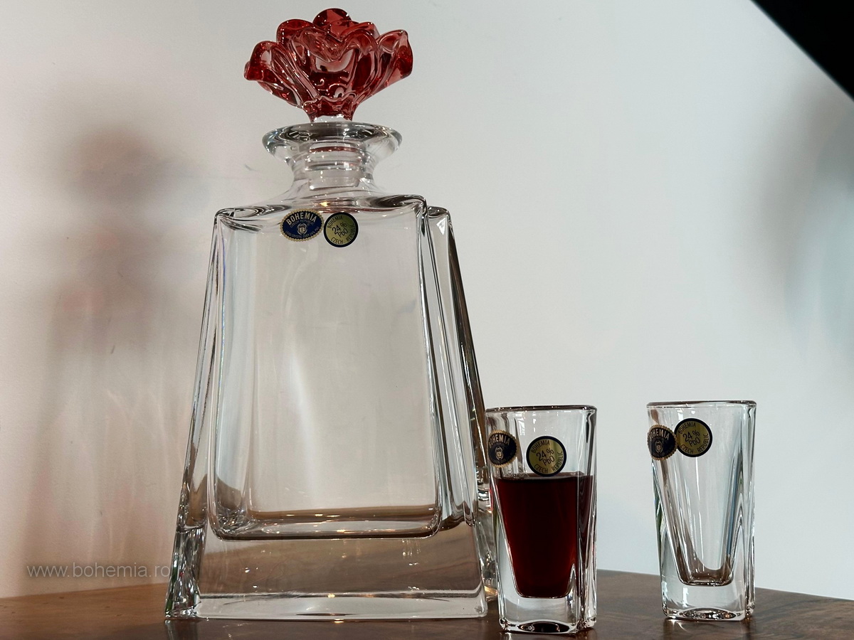 SET PAHARE TARIE SI STICLA CRISTAL DE BOHEMIA -KATHREEN RED ROSE